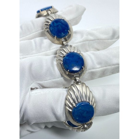 Vintage Art Deco OTIS Sterling Silver Denim Lapis 7" Link Bracelet - Picture 1 of 13